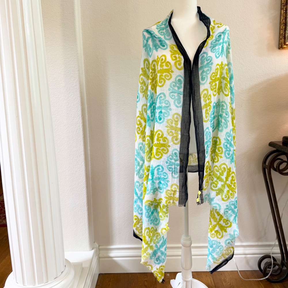 Banana Republic Milly Collection Scarf Wrap Cotton Teal Lime Green Damask Print